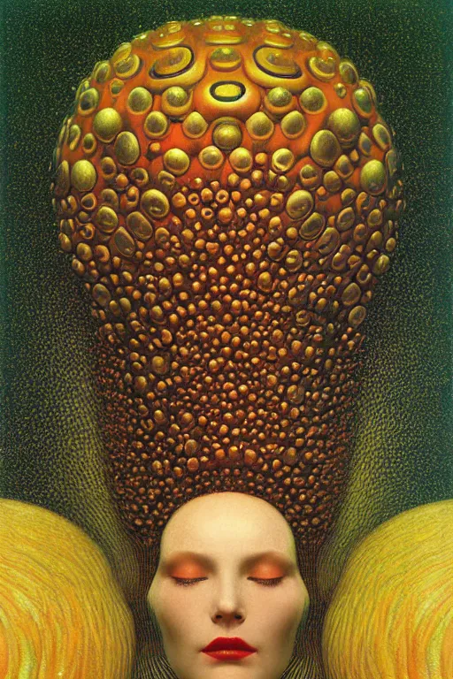 Image similar to art deco close up portait of mushroom head with big mouth surrounded by spheres, rain like a dream digital render curvalinear clothing dramatic fluid lines otherworldly vaporwave interesting details epic composition by artgerm moebius francis bacon gustav klimt