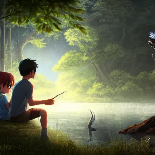 Image similar to a silver dragon and a boy sitting together next to a lake watching firefly at night in forest, concept art, dof, cryengine, digital art, detailed background, makoto shinkai