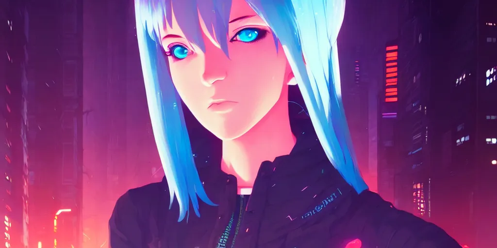 Prompt: digital illustration closeup of cyberpunk pretty girl with blue hair in city street at night by makoto shinkai, ilya kuvshinov, lois van baarle, rossdraws, basquiat