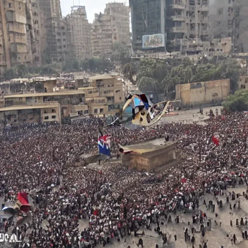 Prompt: lion of Kasr el nil leaping in the air above Tahrir square