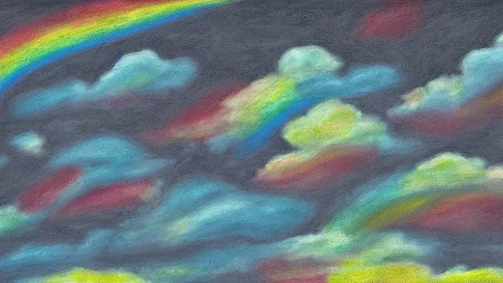 Image similar to digital chalk painting of rainbow in dark sky. black puffy clouds. slanting rain.