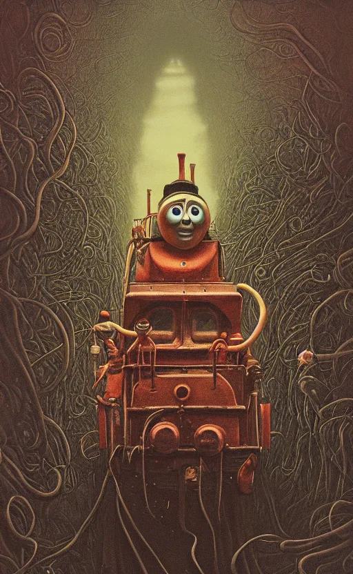 Image similar to thomas the tank engine in style of zdzisław beksinski, extremely dramatic lighting, 8 k, tendrils, black, darkness, black slime tendrils, infected, rust, body horror, thomas the train, thomas the tank engine face, horror,