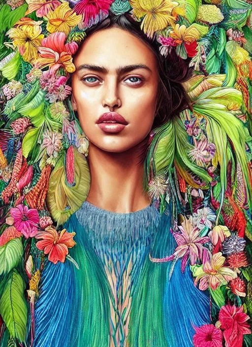 Prompt: beautiful portrait of Irina Shayk wearing fantastic Hand-dyed cotton dress,embellished beaded feather decorative fringe knots ,colorful pigtail,subtropical flowers and plants,intricate,elegant,highly detailed,8k,post-processing,digital painting,trending on pinterest,VOGUE,concept art, sharp focus, illustration, by artgerm,Tom Bagshaw,Lawrence Alma-Tadema,greg rutkowski,alphonse Mucha