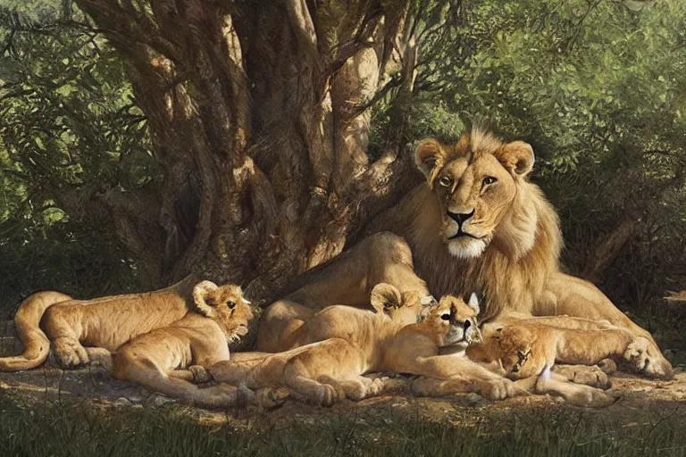 Image similar to lion and cubs resting under a tree in the morning, beautiful painting, greg rutkowski, james gurney, artstation.