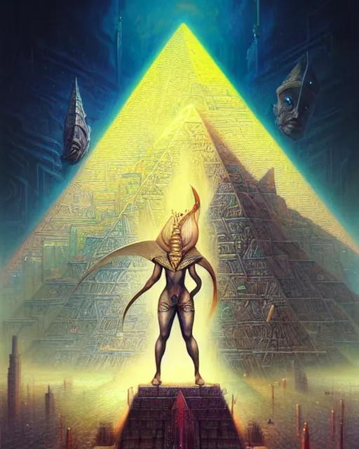 Image similar to inside a pyramid made of pyramids and eyes fantasy character portrait, ultra realistic, wide angle, intricate details, blade runner artifacts, highly detailed by peter mohrbacher, boris vallejo, hajime sorayama aaron horkey, gaston bussiere, craig mullins