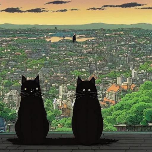 Prompt: a black cat and pug dog who are in love and hold hands while looking out over a city, Miyazaki, studio ghibli
