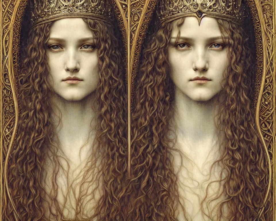 Image similar to detailed realistic beautiful young medieval queen face portrait by jean delville, gustave dore and marco mazzoni, art nouveau, symbolist, visionary, gothic, pre - raphaelite. horizontal symmetry