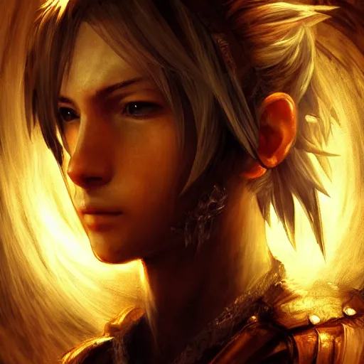 Prompt: Final Fantasy characters portrait, atmospheric lighting, painted, golden ratio, golden hour, intricate, highly detailed by Rembrandt