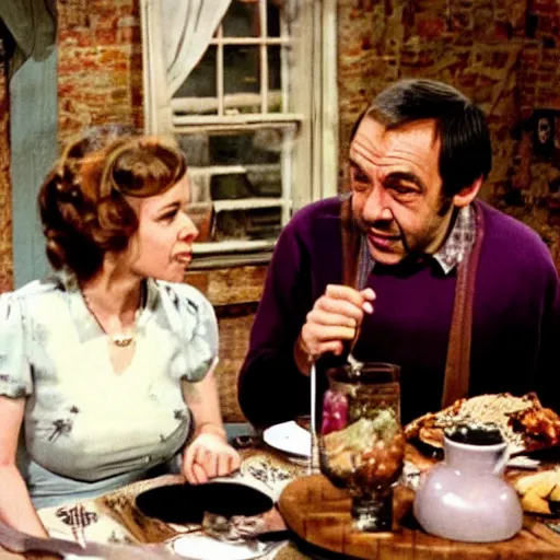 Prompt: mr rigsby and miss jones from rising damp are enjoying dinner together. realistic.