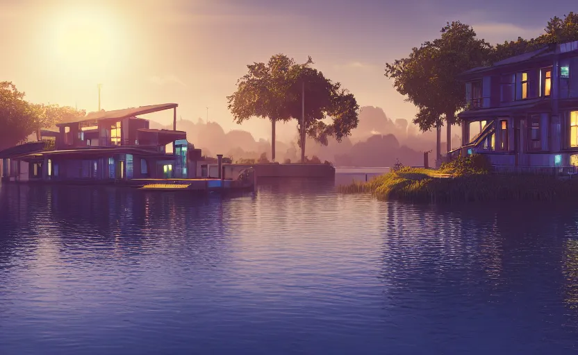 Image similar to photorealistic cyberpunk lakehousein a lush dessert oasis. daylight. sunlight. lens flare. light fixtures. 8K. detailed. photorealism. artstation. 25mm f/1.7 ASPH Lens. ultra realistic