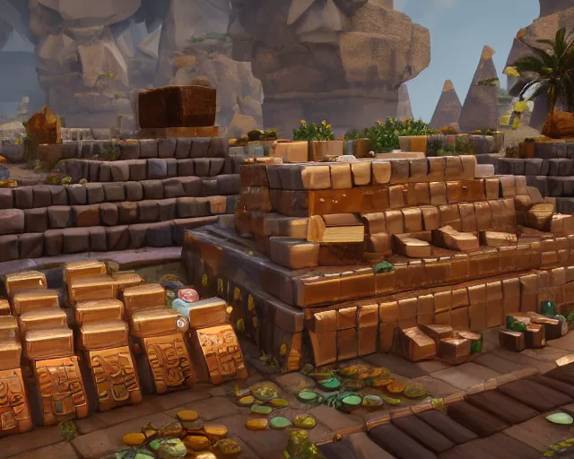 Image similar to screenshot of a chest full of ingots and gems and precious in a ps 5 videogame, concept art, architecture design, pyramids style, rtx, nvidia, renderer, stunning graphics