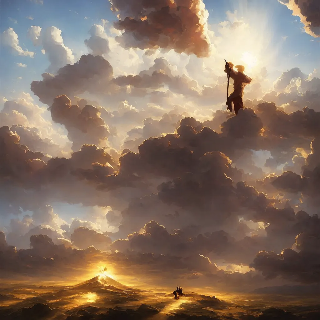 Image similar to a sending down [ of the revelation ] from him who created the earth and the lofty heavens, overdetailed art, by greg rutkowski, by rhads, sharp focus, man standing