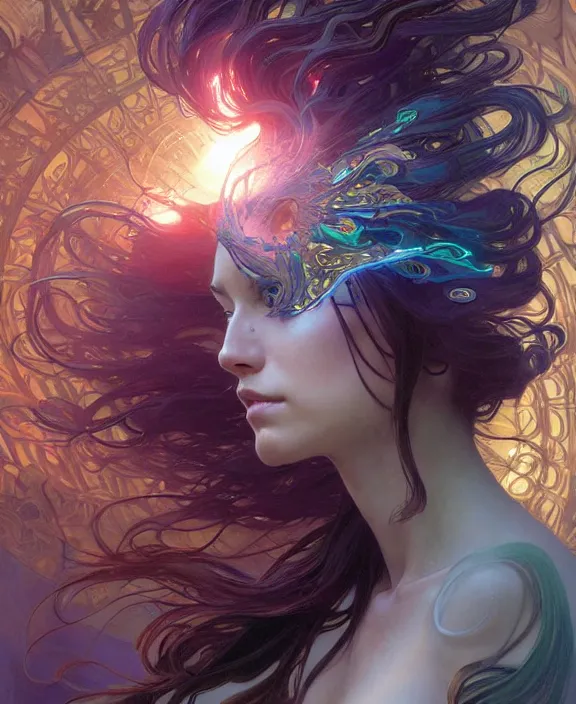 Image similar to a whirlwind of souls ushing inside the metaverse, half body, glowin eyes, d d, fantasy, intricate, elegant, highly detailed, colorful, vivid color, digital painting, artstation, concept art, art by artgerm and greg rutkowski and alphonse mucha and ruan jia