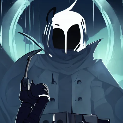 Prompt: poster soldier in trench coat looking up at crystal, hyperlight drifter, black color smoke, black rock shooter, wallpaper, hollow knight