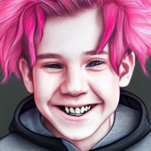 Image similar to a highly detailed portrait drawing of a cute teen boy with pink hair and pink wolf ears, smiling, waring a collar and a hoodie, artstation, fantasy