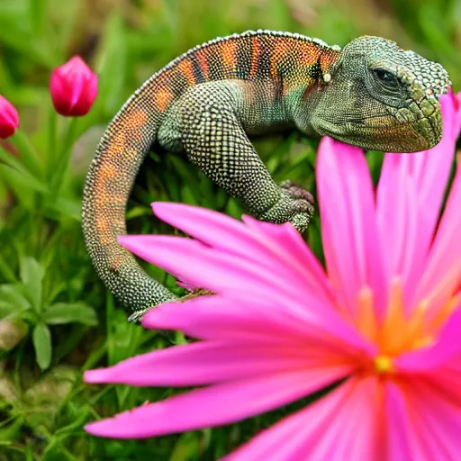 Prompt: reptile with flower bulb growing on its back