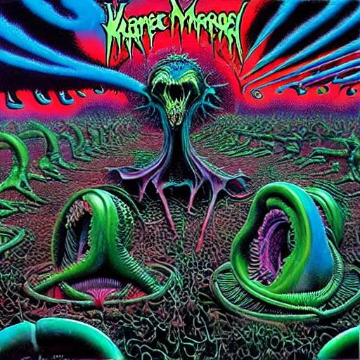 Prompt: thrash metal album cover in the style of wayne barlowe and kenny scharf and philippe druillet, realistic, insanely detailed, intricate, smooth, airbrush, play-doh