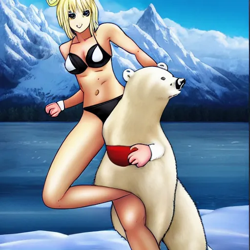 Image similar to bicolor - eyed blonde muscular anime girl in bikini riding a polar bear in the snowy mountains background