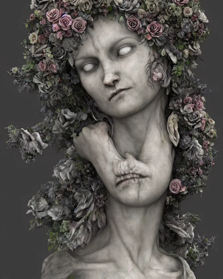 Prompt: a digital painting of the face of a gothic cemetery statue made of mist and flowers, Andrew Ferez, Charlie Bowater, Marco Mazzoni, Seb McKinnon, Ryohei Hase, Alberto Seveso, Kim Keever, trending on cgsociety, featured on zbrush central, new sculpture, mystical