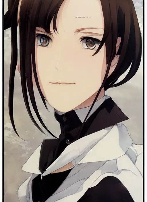 Image similar to luxury advertisement, medium close-up of a manga girl with a white school uniform by krenz cushart, Sasoura, Satchely and Akihiko Yoshida, black medium length Dutch bob cut hair with straight bangs, poster