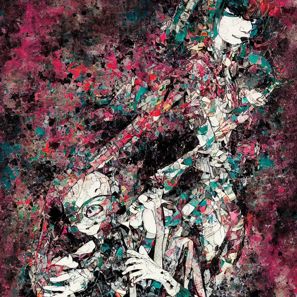 Image similar to girl figure, abstract, jet set radio artwork, ryuta ueda artwork, cryptic, rips, spots, asymmetry, stipple, lines, glitches, color tearing, pitch bending, stripes, dark, ominous, eerie, hearts, minimal, points, otomo katsuhiro artwork, technical, natsumi mukai artwrok, folds