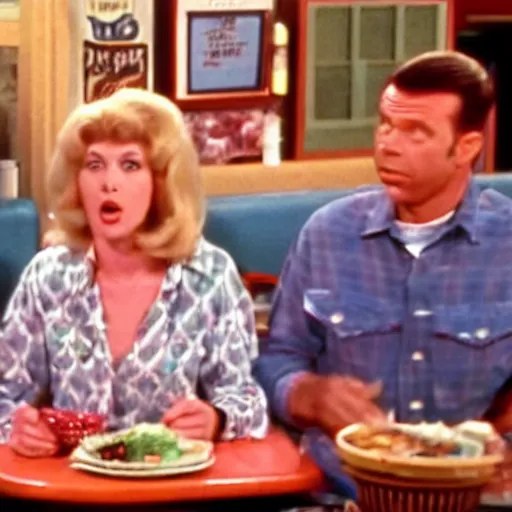 Prompt: screenshot of the sad family in Al's diner from 70s comedy TV show unhappy days