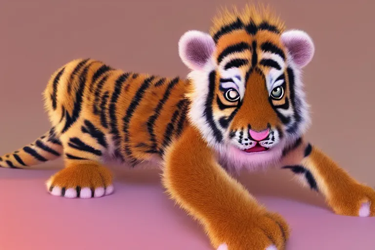 Image similar to a cute baby tiger cub, soft fur texture, pastel colours, colorful, glitter crystal, cute, pixar animation style, detailed, soft light, octane render, 4 k