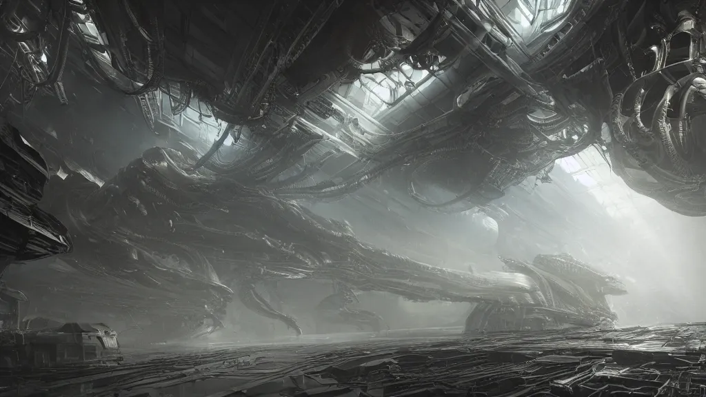 Prompt: a Photorealistic dramatic hyperrealistic,hyper detailed render by Greg Rutkowski,Craig Mullins of an Epic Sci-Fi, Gigantic Alien xenomorph spaceship inside huge interior hangar,intricate bio mechanical surface details,many tubes and cables hanging from the ceiling by,ILM,Beautiful dynamic dramatic moody lighting,Volumetric,Cinematic Atmosphere,Octane Render,Artstation,8k