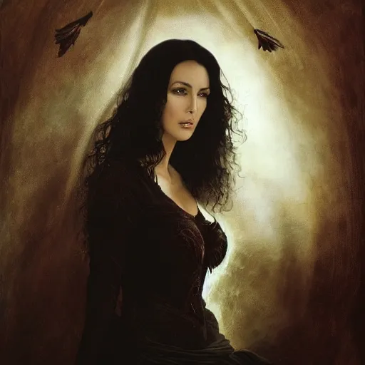 Image similar to majestic gracious regal aristocratic raven haired monica bellucci as the vampire pandora portrait, indoors, atmospheric lighting, painted, intricate, volumetric lighting, beautiful, rich deep colours masterpiece, sharp focus, ultra detailed, by leesha hannigan, ross tran, thierry doizon, kai carpenter, ignacio fernandez rios