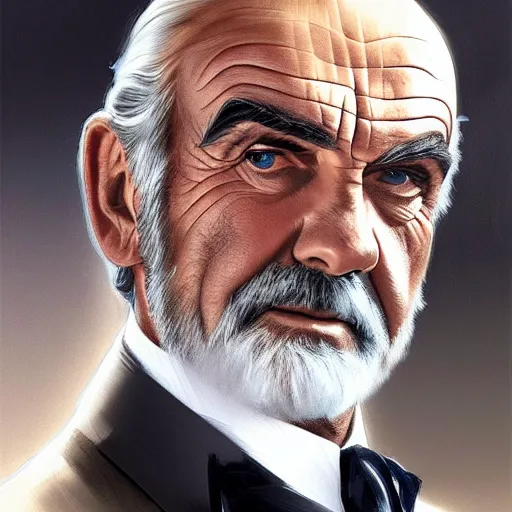 Prompt: Elegant sean connery looking gentleman with a silver suit, portrait, intricate, elegant, highly detailed, digital painting, artstation, concept art, rough, sharp focus, illustration, art by artgerm and greg rutkowski and alphonse mucha