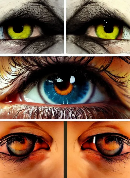 Image similar to grid montage of eyes, square dilated pupils, detailed colored textures, eyelashes, advanced art, art styles mix, from wikipedia, wet reflections in eyes, sunshine light, hd macro photograph, from side, various eyelid positions, square black pupil centered