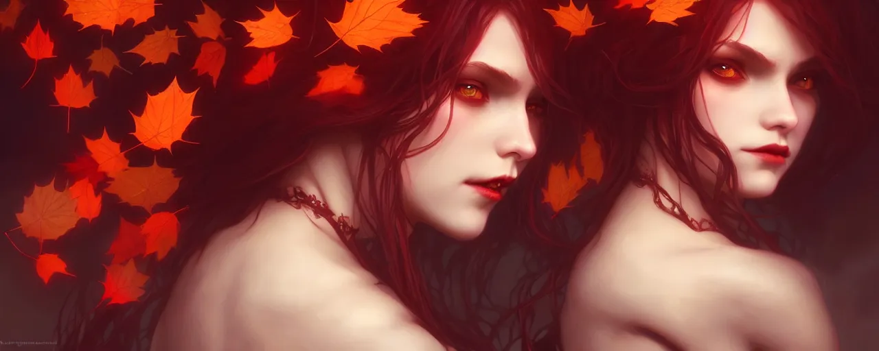 Image similar to vampire girl with with hair becoming autumn red leaves, intricate, dreamy, digital painting, artstation, concept arti, unreal engine 5, 8 k, art by artgerm and greg rutkowski and alphonse mucha