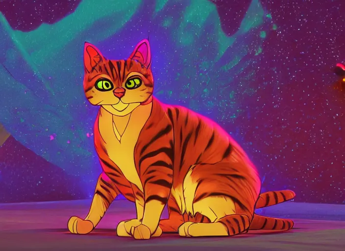 Image similar to coloring book drawing of a cat from a musical sparkly digital space opera, Animated film, volumetric lighting, octane render, by Paul Anglada