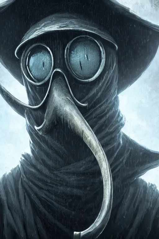 Prompt: A closeup of a Plague Doctor by Greg Rutkowski, Dan Mumford, Bloodborne, 4k photorealistic, volumetric lighting, HD, high details, dramatic, dark atmosphere, trending on artstation