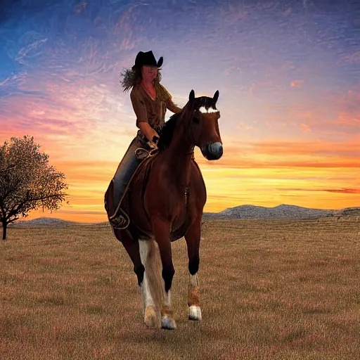 Image similar to a dodgy cowgirl wrangles her horse in a dusty old town in the old west, jumpy horses in the nearby hills, a sunset over the range, digital art