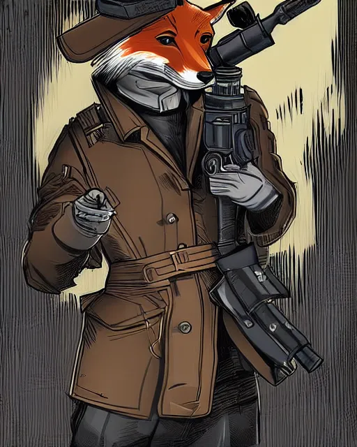 Image similar to a fox wearing a black trench - coat holding a mini - gun, comic art style, digital art,