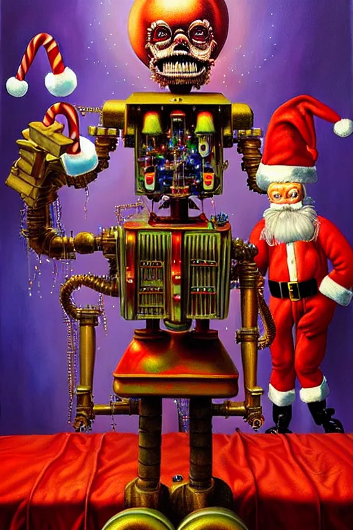 Image similar to a hyperrealistic painting of a 3 d christmas nightmare giant mechanical nutcracker, cinematic horror by chris cunningham, lisa frank, richard corben, highly detailed, vivid color,