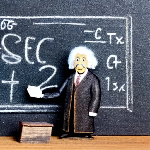 Image similar to claymation miniature scene of albert einstein standing in front of miniature blackboard with lots of mathematical formulas chalked on