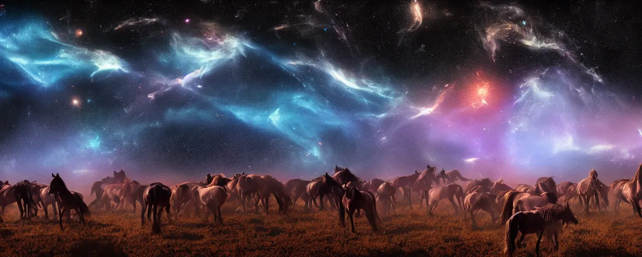 Image similar to hundreds of stampeding wild horses running through a galaxy, volumetric lighting,