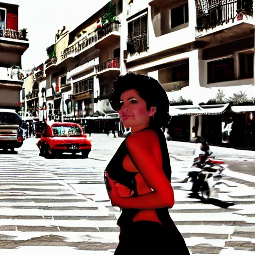 Image similar to mexico city streets, beautiful woman dark hair, digital art