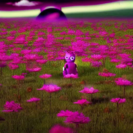 Image similar to a field of sinister teletubbies, film still, moody lighting, cinematic shot, vaporwave, dark and creepy, teletubbies in a field of flowers, the sun is a baby smiling sinisterly, 4 k, 8 k, masterpiece photo, award winning photography