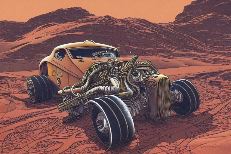 Prompt: a detailed painting of a martian hot - rod, by moebius and robert williams, lowbrow, scifi, cinematic, concept art, detailed, intricate lines, trending on artstation