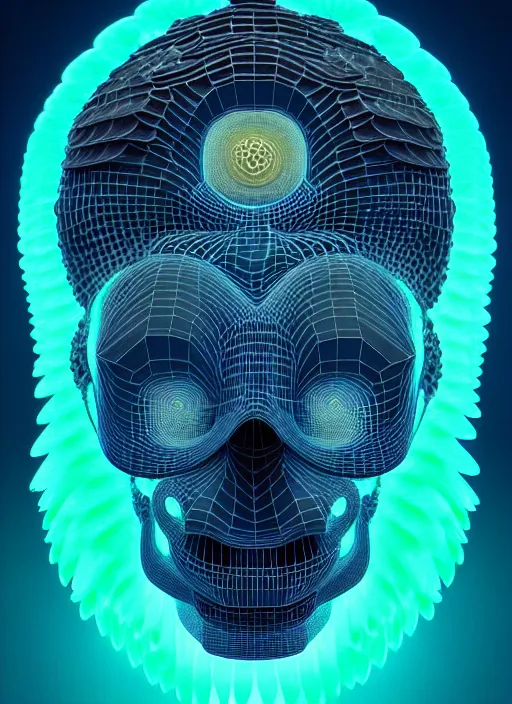 Prompt: 3 d goddess face portrait, sigma 5 0 0 mm f / 5. beautiful intricate highly detailed quetzalcoatl skull and feathers. bioluminescent, plasma, lava, ice, water, wind, creature, thunderstorm! artwork by tooth wu and wlop and beeple and greg rutkowski, 8 k trending on artstation,