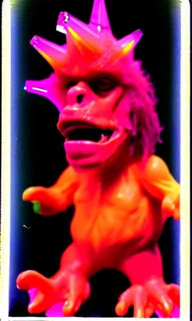 Image similar to colorful crystal gary busey creature, 9 0 s toy commercial, photo from the 7 0 s, horror lighting, neon lighting, polaroid photo,