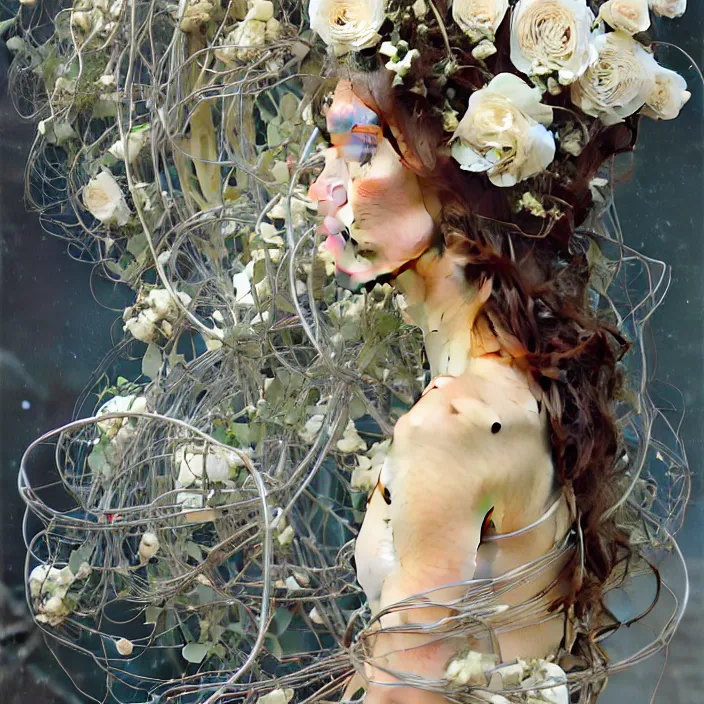 Image similar to hyperrealist portrait of a 2 0 4 4 space sport engineer, it is decorated with long wires and white roses that fall like vines and wears a huge computer crown. by jeremy mann and alphonse mucha, fantasy art, photo realistic, dynamic lighting, artstation, poster, volumetric lighting, very detailed faces, 4 k, award winning