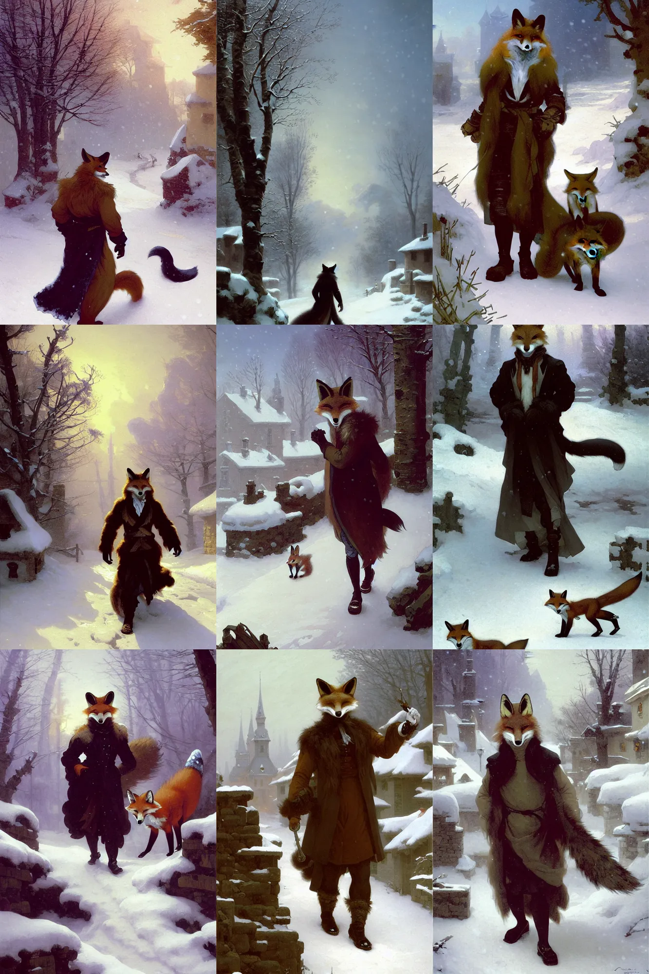 Prompt: an anthropomorphic fox man wearing a long fur coat in a snowy village, his long tail dragging behind him, character illustration by greg rutkowski, thomas kinkade, Franz Xaver Winterhalter, William-Adolphe Bouguereau, Howard Pyle