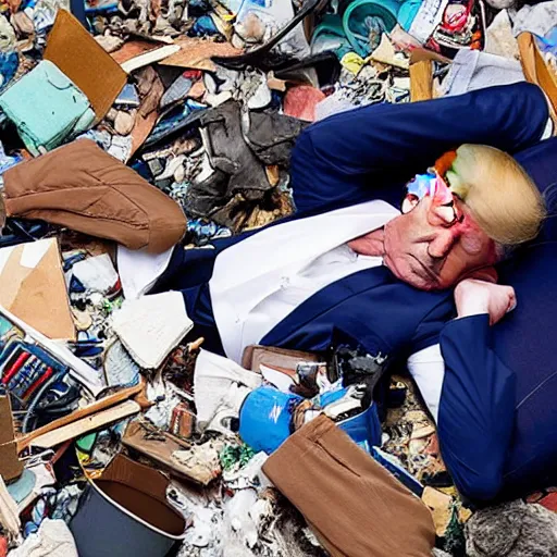 Prompt: donald trump asleep on the floor in a room full of garbage and destroyed objects