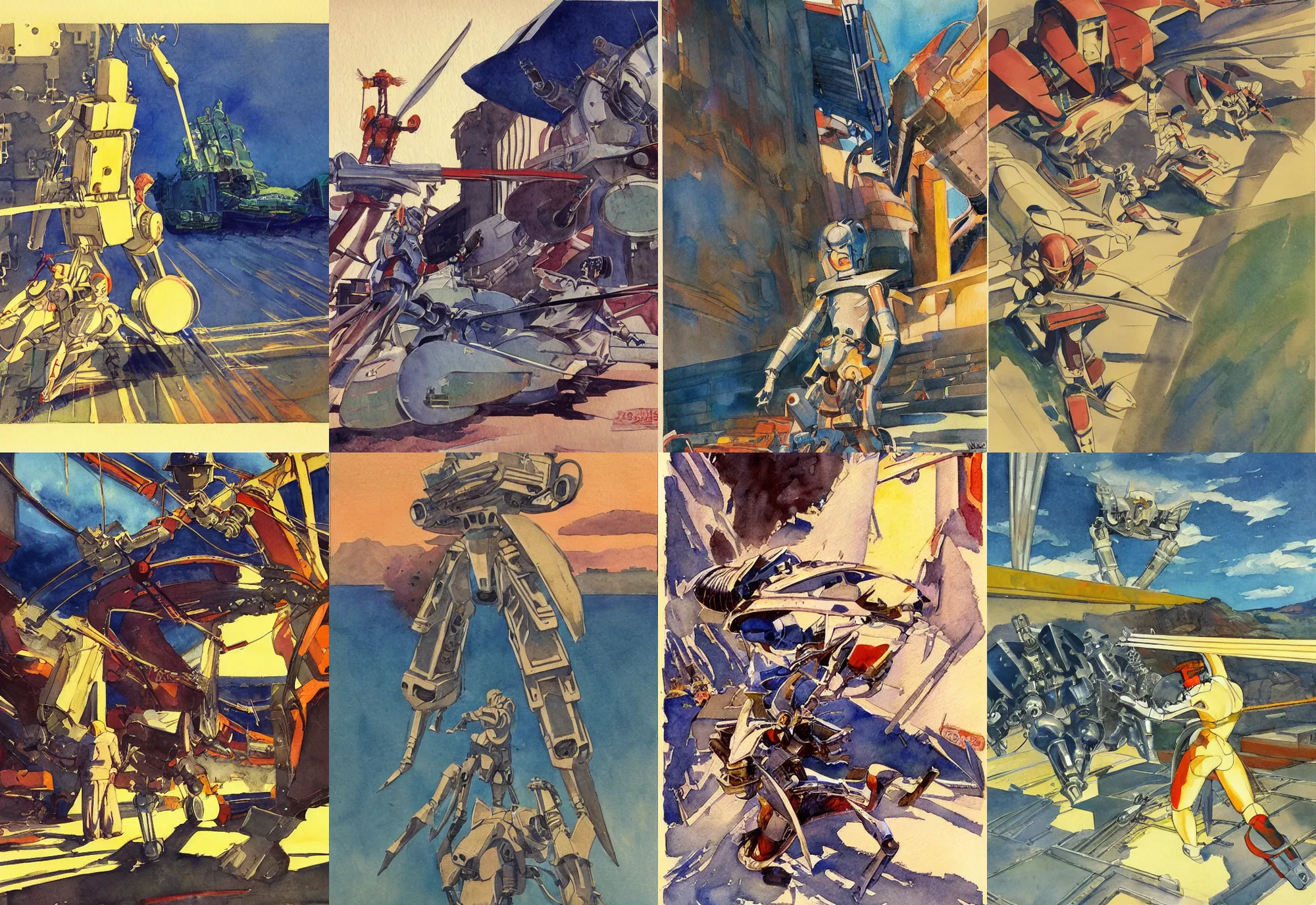 Prompt: vintage anime cinematic robot warrior battle scene by Edward Hopper, watercolor concept art by Syd Mead, by william herbert dunton, watercolor strokes, japanese woodblock, by Jean Giraud