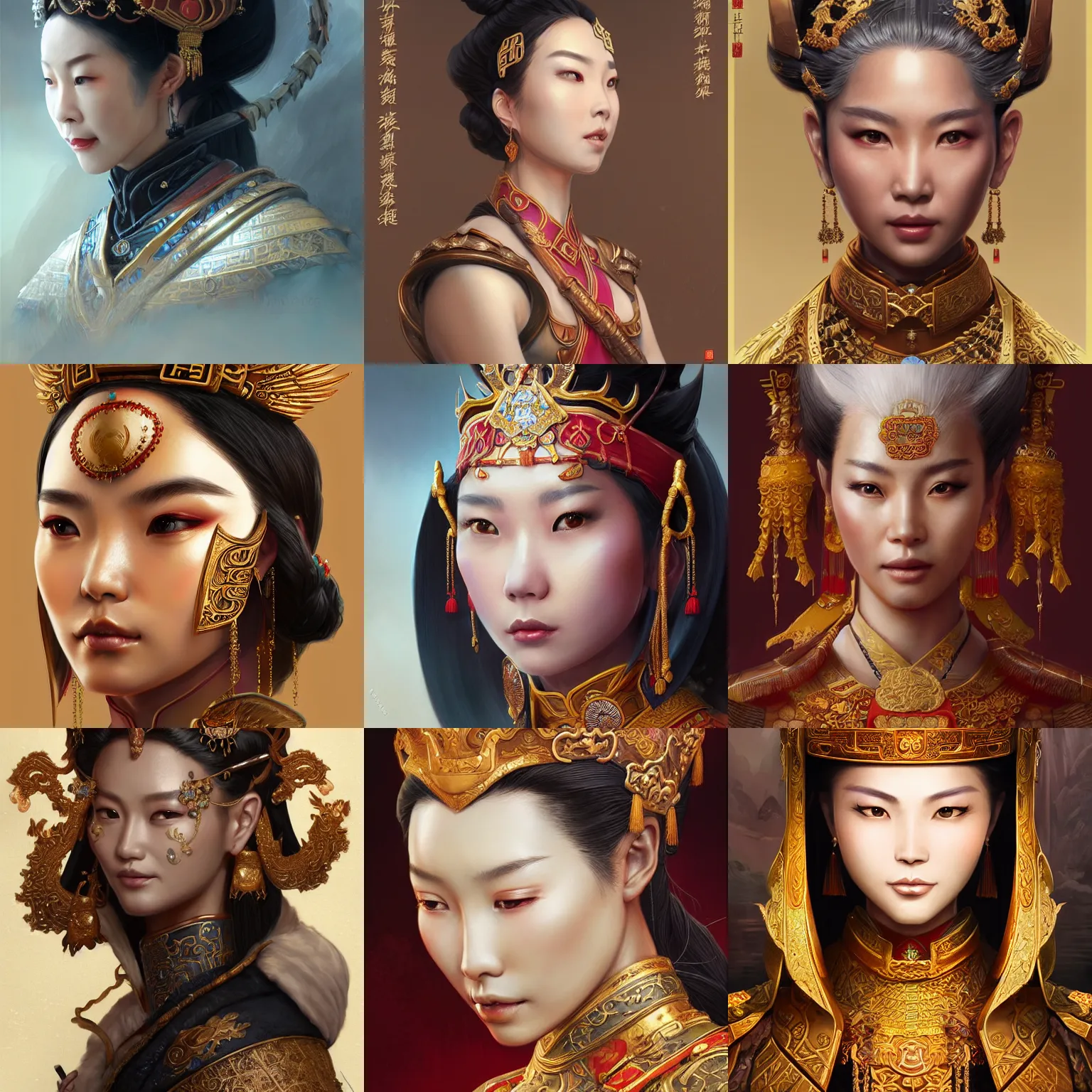 Prompt: chinese empress, bronze skin, d & d, fantasy, portrait, highly detailed, digital painting, trending on artstation, concept art, sharp focus, illustration, art by artgerm and greg rutkowski and magali villeneuve