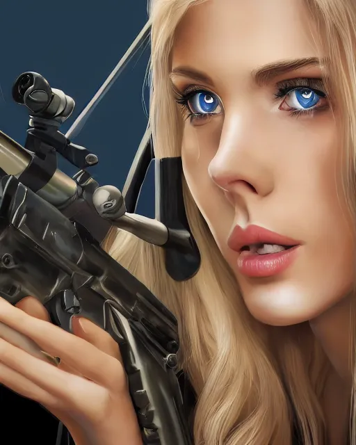 Image similar to side closeup of beautiful blonde female with blue eyes aiming l 9 6 a 1 rifle at target, award winning photography, extremely detailed, artstation, 8 k, sensual lighting, incredible art, wlop, pixar, disney, artgerm, backlit, rim lighting, hi - fructose, cellshading, intricate lineart